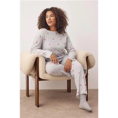 Gri Melanj Kalpli Slogan Baskılı Lastikli Örme Pijama Takımı TBBAW26AI00020