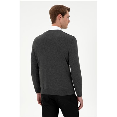 Erkek Slim Fit V Yaka Antrasit Melanj Basic Kazak