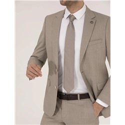 Bej Çizgili Ekstra Slim Fit Yün Takım Elbise