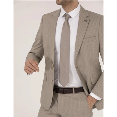 Bej Çizgili Ekstra Slim Fit Yün Takım Elbise
