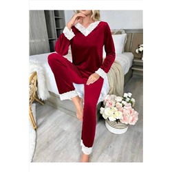FARAH SHOP Kadın pijama takımı kışılık kadife dantel detaylı TY-FA-00010