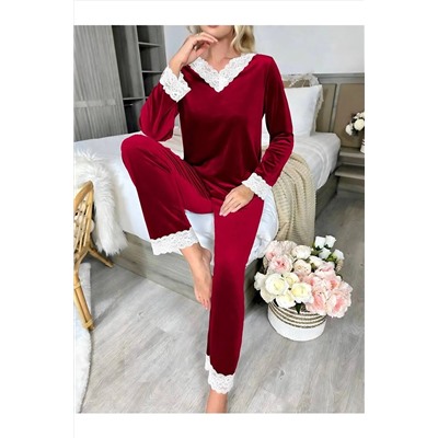 FARAH SHOP Kadın pijama takımı kışılık kadife dantel detaylı TY-FA-00010