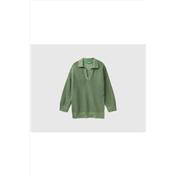 United Colors of Benetton Kadın Kuşkonmaz Rengi Polo Yaka Ajur Örme Kazak 123P105FD300J-2K7