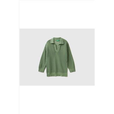 United Colors of Benetton Kadın Kuşkonmaz Rengi Polo Yaka Ajur Örme Kazak 123P105FD300J-2K7