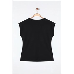 Siyah Kaşkorse Fitted/Vücuda Oturan Örme Büyük Beden Bluz TBBSS25AF00011