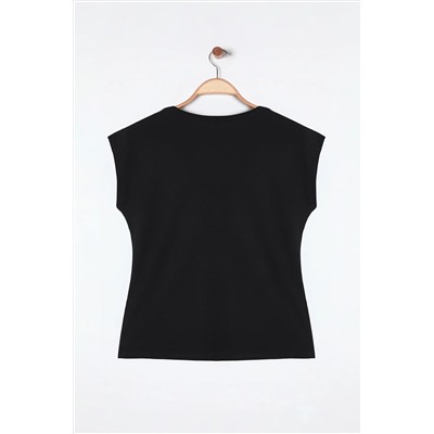 Siyah Kaşkorse Fitted/Vücuda Oturan Örme Büyük Beden Bluz TBBSS25AF00011