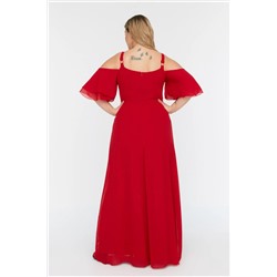 Kırmızı Kolları Fırfırlı Dokuma Kruvaze Yaka Şifon Abiye/Gece/Mezuniyet/Nişan Elbise TBBSS22AH0178