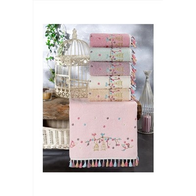 AYHANHOME Pamuklu Flora Kafes Nakışlı Püsküllü 6'lı 50x90 El Yüz Havlu Seti KAFES50X90PAMUK
