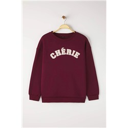 Bordo Kalın İçi Polarlı Oversize/Bol Kesim Slogan Nakışlı Örme Büyük Beden Sweatshirt TBBAW26AO00008