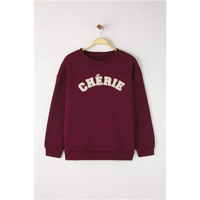 Bordo Kalın İçi Polarlı Oversize/Bol Kesim Slogan Nakışlı Örme Büyük Beden Sweatshirt TBBAW26AO00008