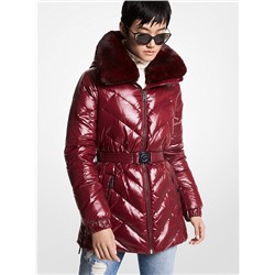 MICHAEL MICHAEL KORS Faux Fur Trim Chevron Quilted Nylon Belted Puffer Coat