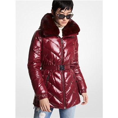 MICHAEL MICHAEL KORS Faux Fur Trim Chevron Quilted Nylon Belted Puffer Coat