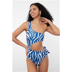 TRENDYOLMİLLA Zebra Desenli Tek Omuz Cut Out/Pencereli Regular Mayo TBESS22MA0197