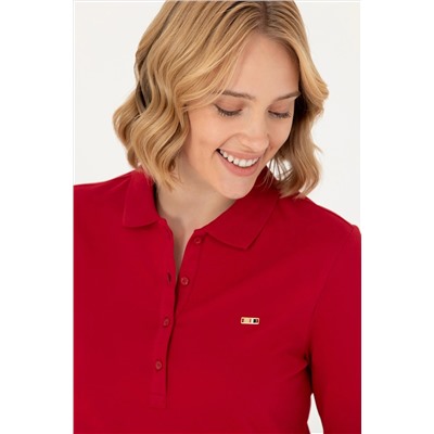 Kadın Kırmızı Basic Polo Yaka Sweatshirt