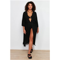 Siyah Etek Ucu Püsküllü Viskon Plaj Giyim Dokuma Büyük Beden Kimono&Kaftan TBBSS24DE00002