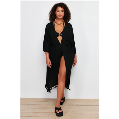 Siyah Etek Ucu Püsküllü Viskon Plaj Giyim Dokuma Büyük Beden Kimono&Kaftan TBBSS24DE00002