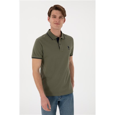 Erkek Slim Fit Polo Yaka Koyu Haki Basic Tişört