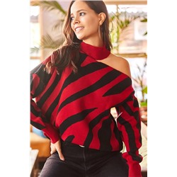 Olalook Kadın Bordo Tek Omuz Zebra Desen Oversize Triko Kazak KZK-19000540