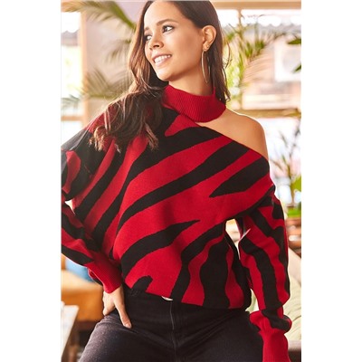 Olalook Kadın Bordo Tek Omuz Zebra Desen Oversize Triko Kazak KZK-19000540