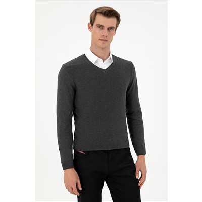 Erkek Slim Fit V Yaka Antrasit Melanj Basic Kazak