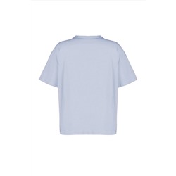 Mavi Geniş Kalıp Baskılı Bisiklet Yaka %100 Pamuk Örme T-shirt TBBSS23BF00015