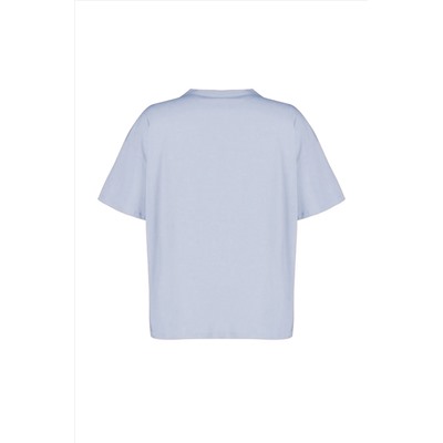Mavi Geniş Kalıp Baskılı Bisiklet Yaka %100 Pamuk Örme T-shirt TBBSS23BF00015