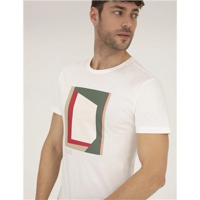 Ekru Slim Fit Baskılı Bisiklet Yaka Tişört