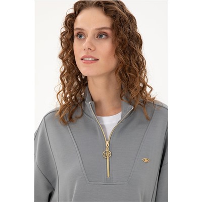 Kadın Gri Melanj Fermuarlı Sweatshirt