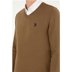 Erkek Slim Fit V Yaka Haki Melanj Basic Kazak