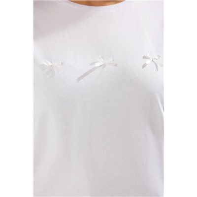 Beyaz Slim Fit Fiyonk Detaylı Crop Boy Büyük Beden Örme T-shirt TBBSS25BF00001