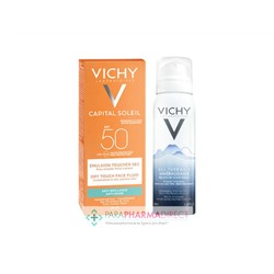 Vichy Capital Soleil SPF50 Emulsion Anti-Brillance Toucher Sec Visage Très Haute Protection Solaire 50ml + Eau Thermale 50ml OFFERT