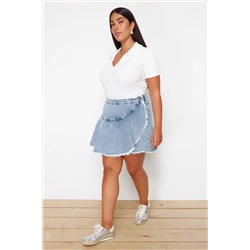Açık Mavi Volan Detaylı Mini Denim Şort Etek TBBSS24AP00027