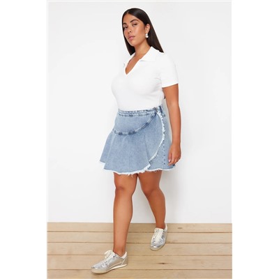 Açık Mavi Volan Detaylı Mini Denim Şort Etek TBBSS24AP00027