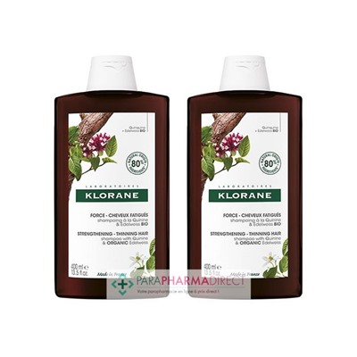 Klorane Quinine & Edelweiss BIO Shampoing Force - Cheveux Fatigués Chute 2x400mlLot  × 2