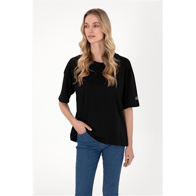 Kadın Siyah Oversize Bisiklet Yaka Tişört