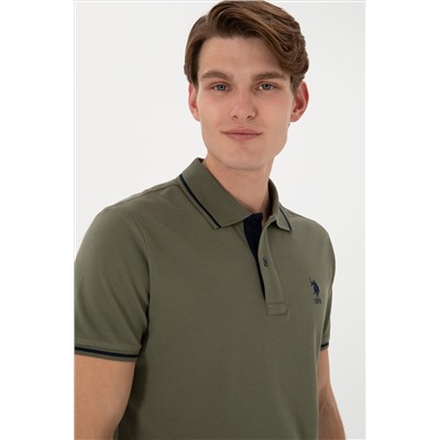 Erkek Slim Fit Polo Yaka Koyu Haki Basic Tişört