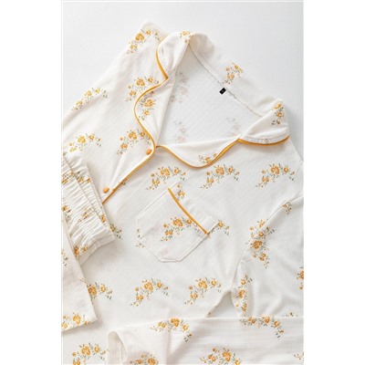 Çok Renkli Çiçek Desenli Biyeli Gömlek Yaka Dokulu Örme Pijama Takımı TBBAW26AI00039