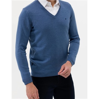 İndigo Melanj Slim Fit V Yaka Basic Triko Kazak