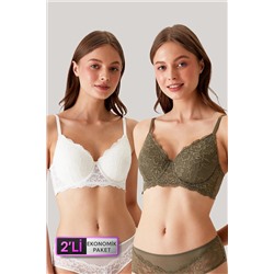 Pierre Cardin2'li Ekonomik Paket Ekru-b.olive 6224-2 Barcelona Toparlayıcı Dantelli Sütyen Set D Cup Seçeneğiyle