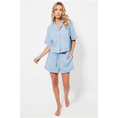 Short de pijama de lino cintura alta - Azul claro