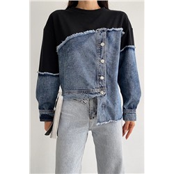 FEMELLE Lacivert Asimetrik Düğmeli Kot Detaylı Tasarım Sweatshirt RVR5