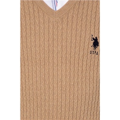 Erkek Camel Melanj V - Yaka Basic Triko Kazak