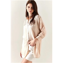 Olalook Kadın Taş Şerit Taş Garnili Oversize Keten Ayrobin Gömlek GML-19001125