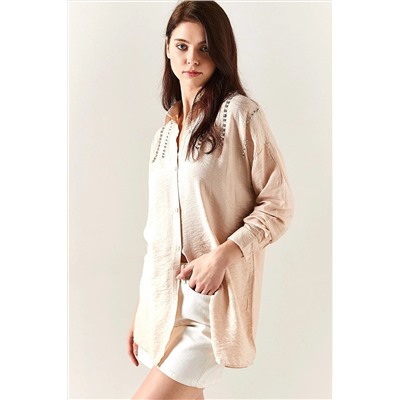 Olalook Kadın Taş Şerit Taş Garnili Oversize Keten Ayrobin Gömlek GML-19001125