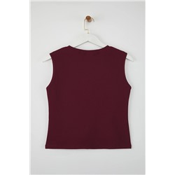 Bordo Aksesuar Düğmeli Bisiklet Yaka Regular Boy Yelek Örme Bluz TBBSS25AF00121
