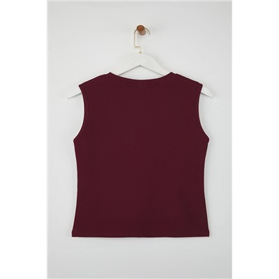 Bordo Aksesuar Düğmeli Bisiklet Yaka Regular Boy Yelek Örme Bluz TBBSS25AF00121