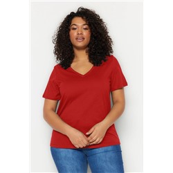 Kırmızı V Yaka Basic %100 Pamuk Örme T-Shirt TBBSS22BF0028