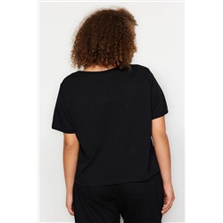 Siyah Regular Slogan Baskılı Crop Boy %100 Pamuk Örme Büyük Beden T-shirt TBBSS23BF00069
