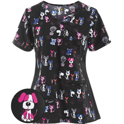 WonderWink Scrubs Four-Stretch Wuff Waggin' Black Print Top