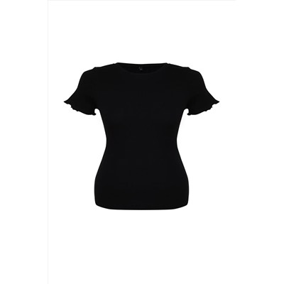 Siyah Kaşkorse %100 Pamuk Fitilli Örme Büyük Beden Bluz TBBSS24AF00108